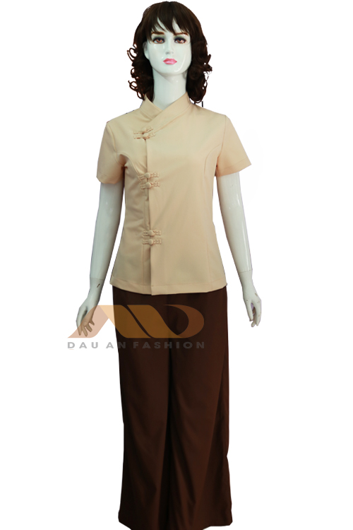 Đồng phục spa – đồ bộ nhân viên spa màu nâu kem, ống rộng AS0046