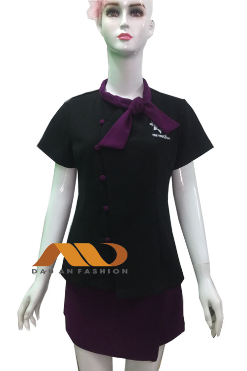 Đồng phục spa – đồng phục áo váy spa màu đen viền tím AS0008