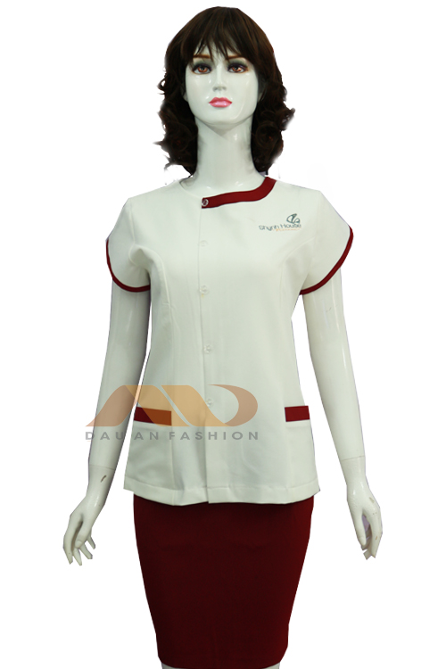 Đồng phục spa – đồng phục áo váy spa màu trắng phối đỏ AS0056