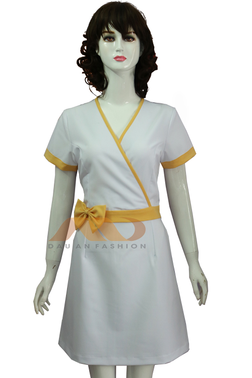Đầm đồng phục spa cổ chéo màu trắng AS0132