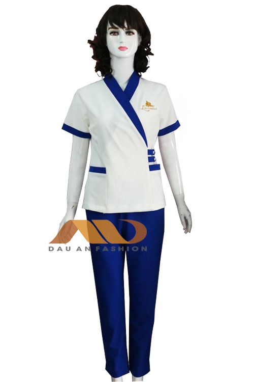 Đồng phục spa dài trắng xanh QS0094