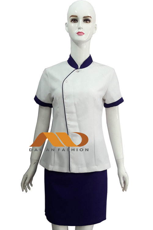 Đồng phục spa – đồng phục áo váy spa màu trắng phối tím AS0042
